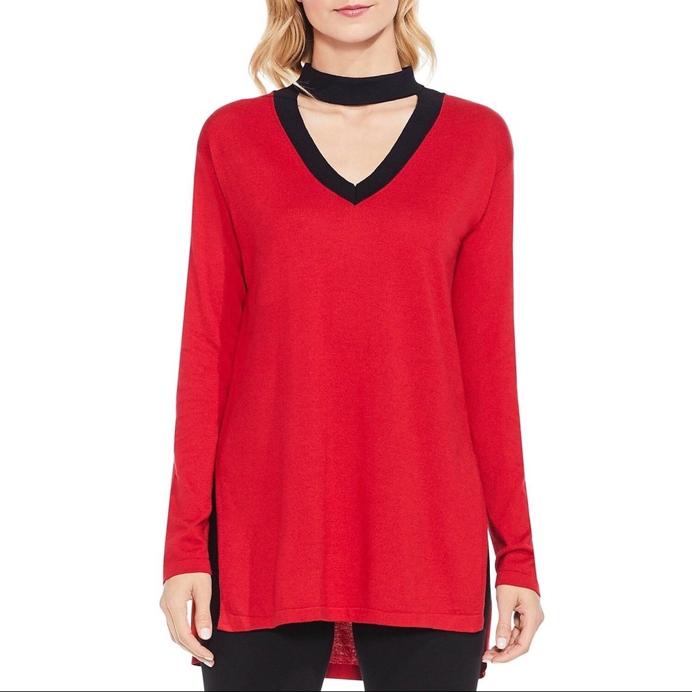 Vince Camuto Womens Choker Collar Tunic Sweater Red Black V Neck size Small
